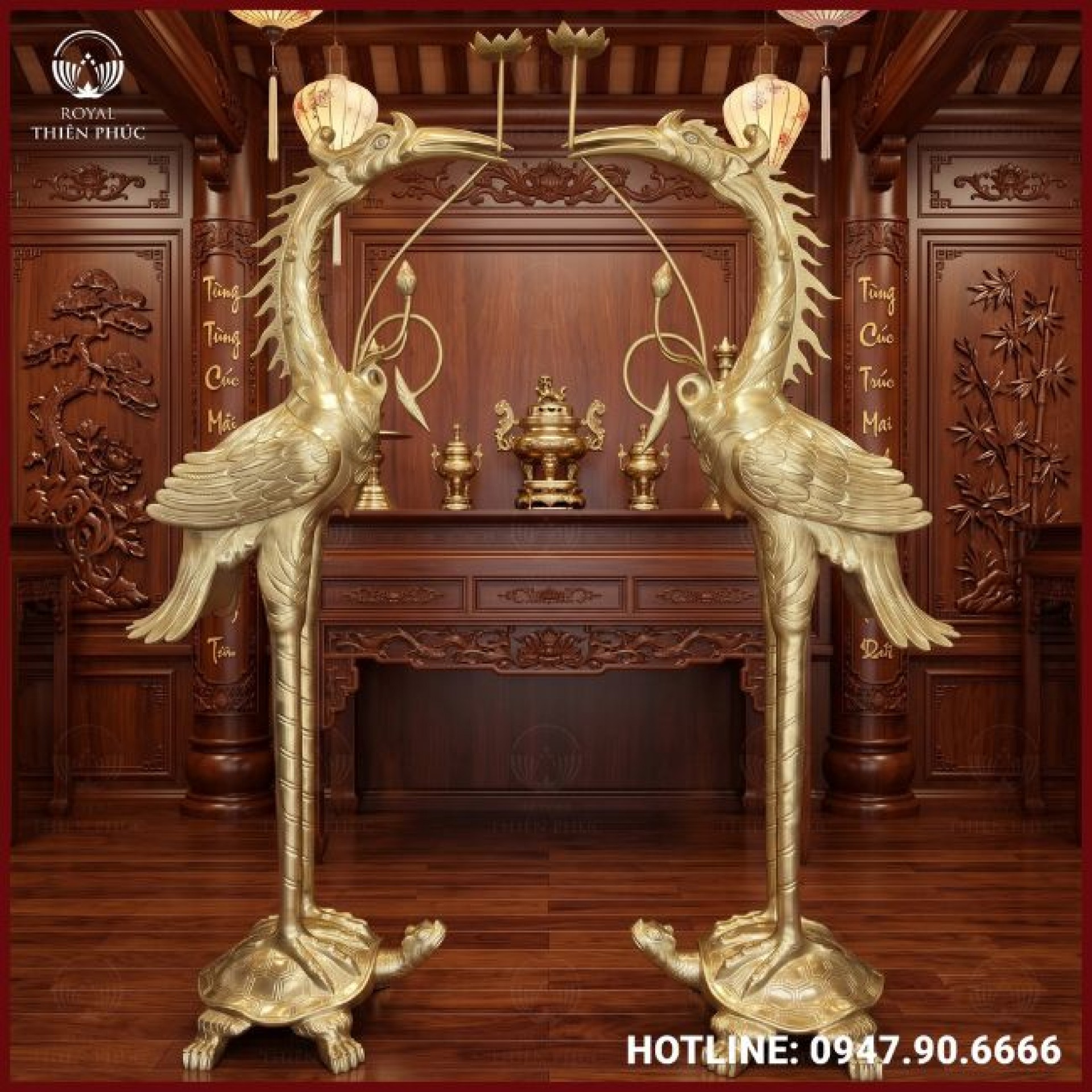 Đôi hạc thờ ngậm sen bằng đồng vàng cattut cao 2m2